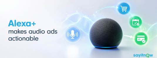Alexa+ smart speaker with voice, shopping, booking and payment icons, illustrating how Say It Now turns audio advertising into immediate, measurable consumer action.