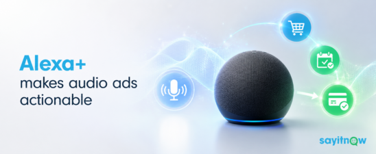 Alexa+ smart speaker with voice, shopping, booking and payment icons, illustrating how Say It Now turns audio advertising into immediate, measurable consumer action.
