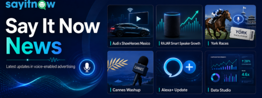 Say It Now News banner featuring the SayitNow logo and six updates: Audi x ShowHeroes Mexico, RAJAR smart speaker growth, York Races, Cannes Washup, Alexa+ and the Say It Now Data Studio, presented in a dark blue voice-tech themed design.
