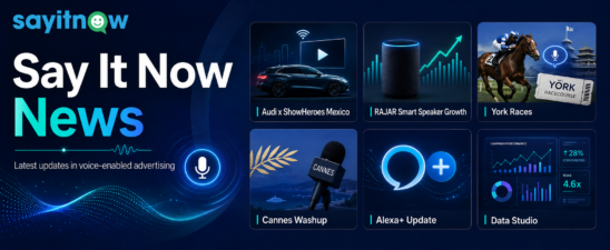 Say It Now News banner featuring the SayitNow logo and six updates: Audi x ShowHeroes Mexico, RAJAR smart speaker growth, York Races, Cannes Washup, Alexa+ and the Say It Now Data Studio, presented in a dark blue voice-tech themed design.