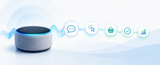 Smart speaker emitting a flowing audio waveform that connects to icons for conversation, interaction, shopping, completed action and measurable performance.