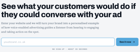 Website banner inviting users to enter their website address and see a personalised example of how customers could interact with a voice-enabled advert. A blue “See it now” button appears beside the URL field.